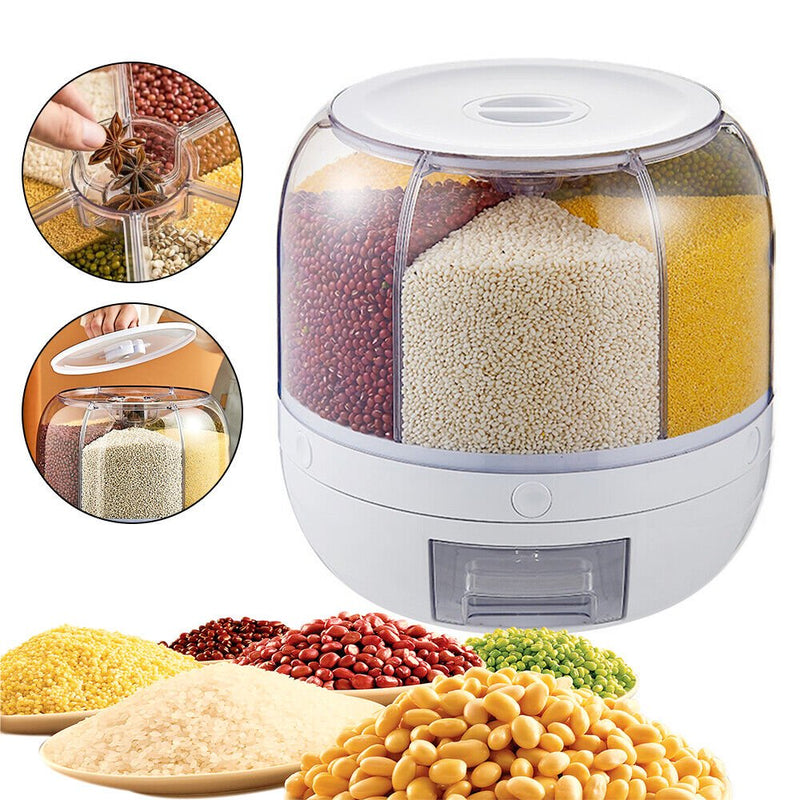6-in-1 Rotating Food Storage Dispenser – Keep Your Rice, Grains & Cereals Fresh, Organized & Moisture-Free (10KG Capacity)