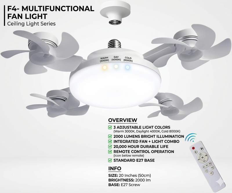 2-in-1 Drone Ceiling Fan Light E27 Remote Control Silent Dimmable LED Fan for Bedroom Living Room