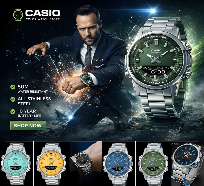 CASIO Dual Display Men’s Watch — 10-Year Battery Power Built to Last