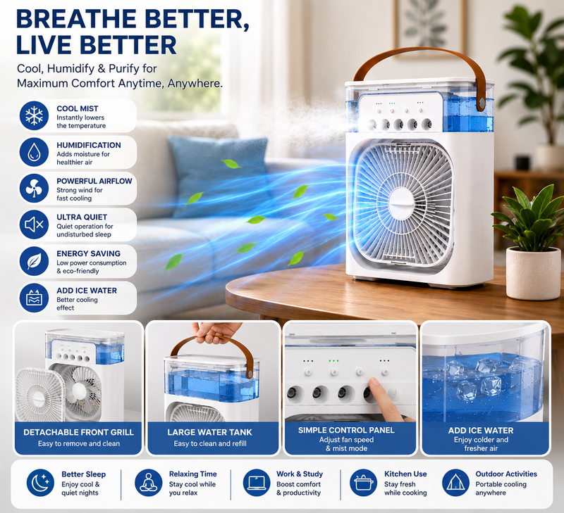 3-in-1 Mini Air Conditioner Fan – Cooling, Humidifier & LED Night Light