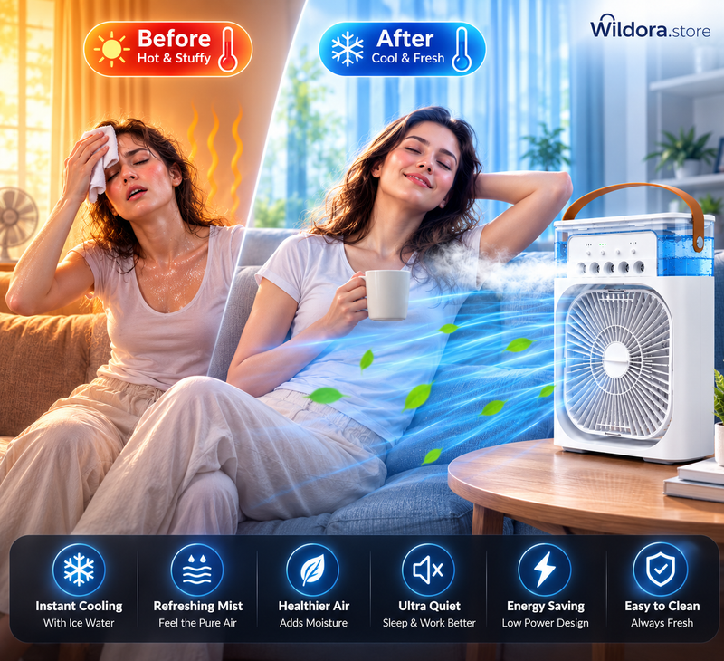 3-in-1 Mini Air Conditioner Fan – Cooling, Humidifier & LED Night Light