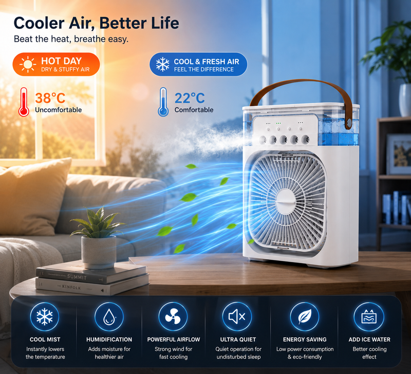 3-in-1 Mini Air Conditioner Fan – Cooling, Humidifier & LED Night Light