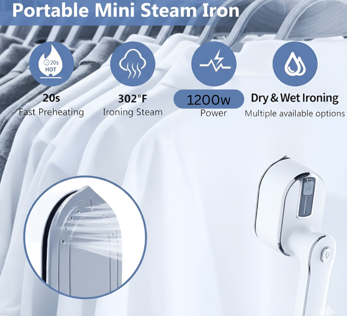 Travel Steamer Iron for Clothes,1200w Iron Steamer,Portable Handheld Travel Size Steamer iron,8S Fast Heat-Up，Large Ceramic Heat Panel
