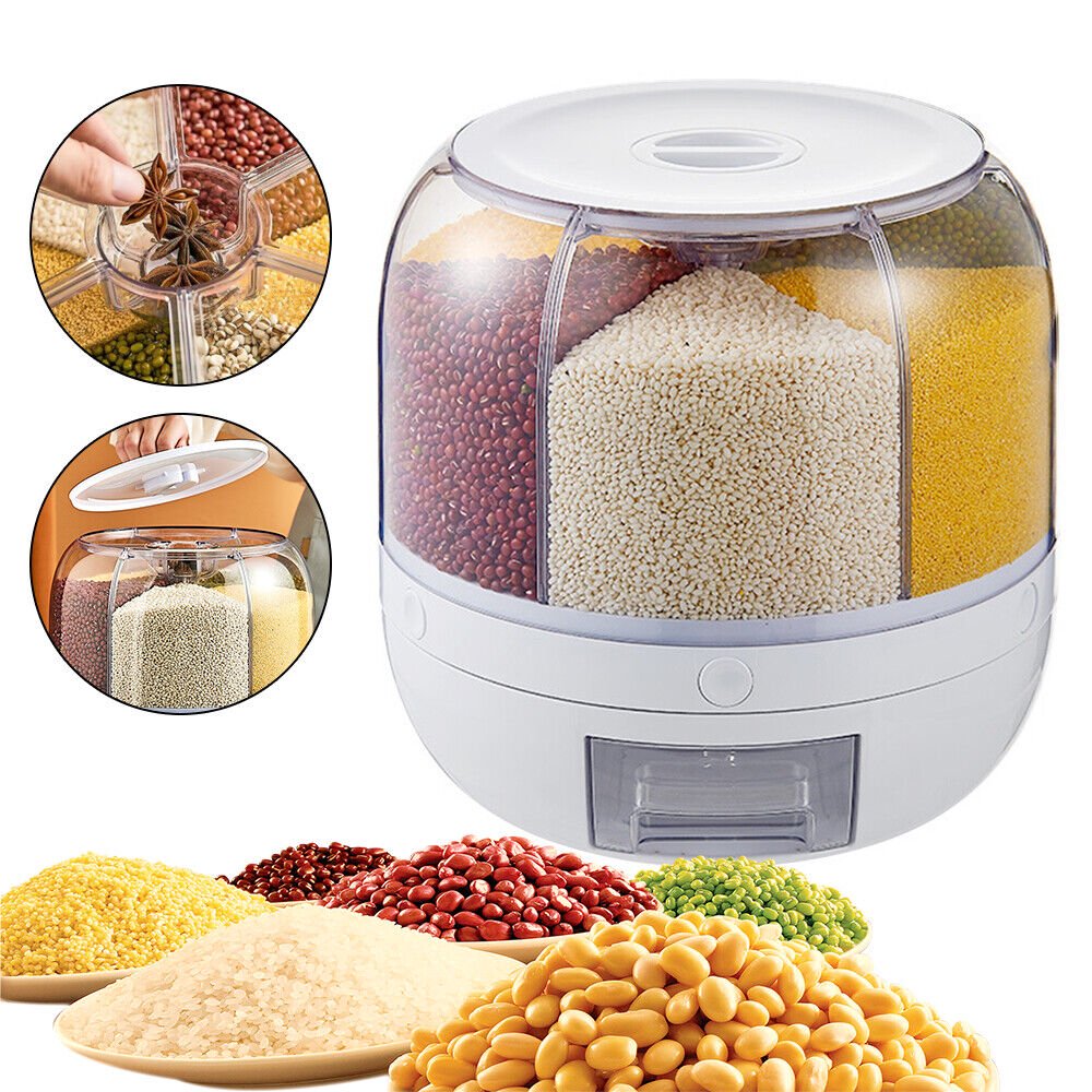 6-in-1 Rotating Food Storage Dispenser – Keep Your Rice, Grains & Cereals Fresh, Organized & Moisture-Free (10KG Capacity)