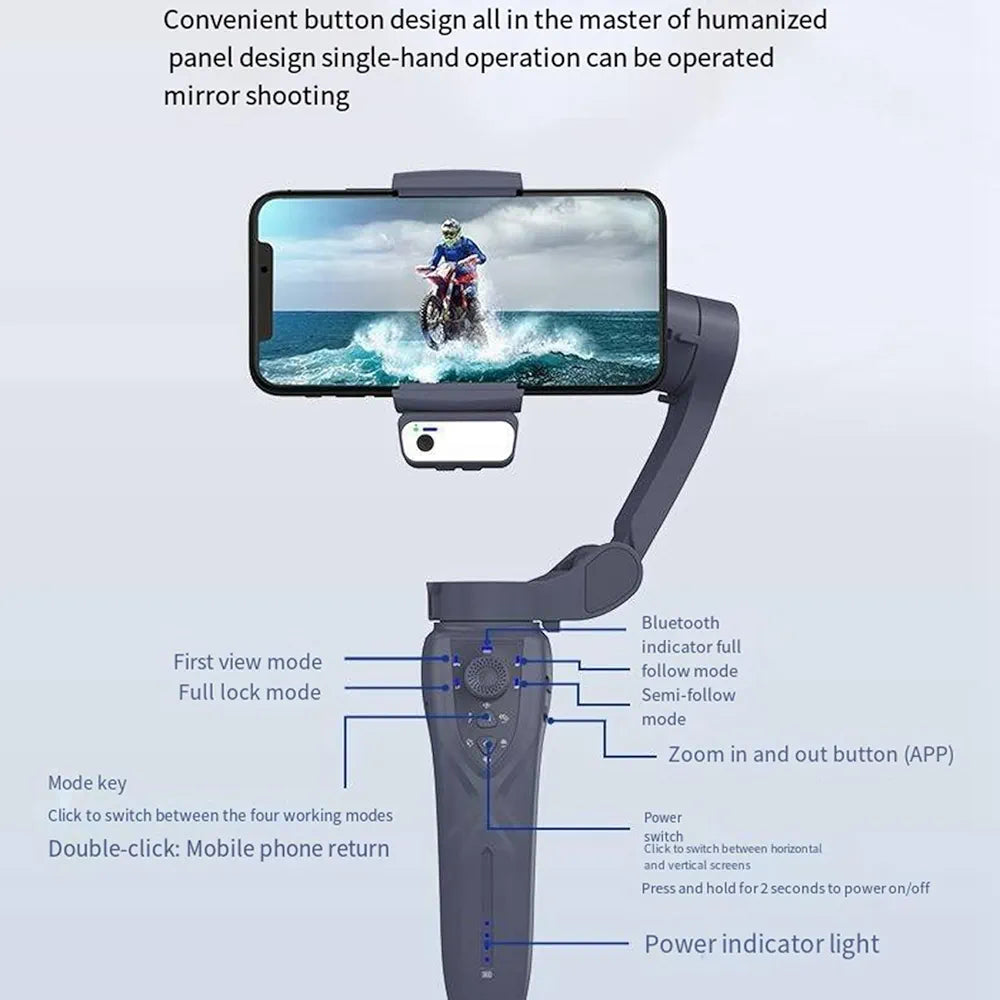 A smartphone gimbal handhold shown on a light gray background with callout lines and text explaining button functions such as first view mode, full lock mode, Bluetooth indicator, zoom in and out button, power, and power indicator light.
