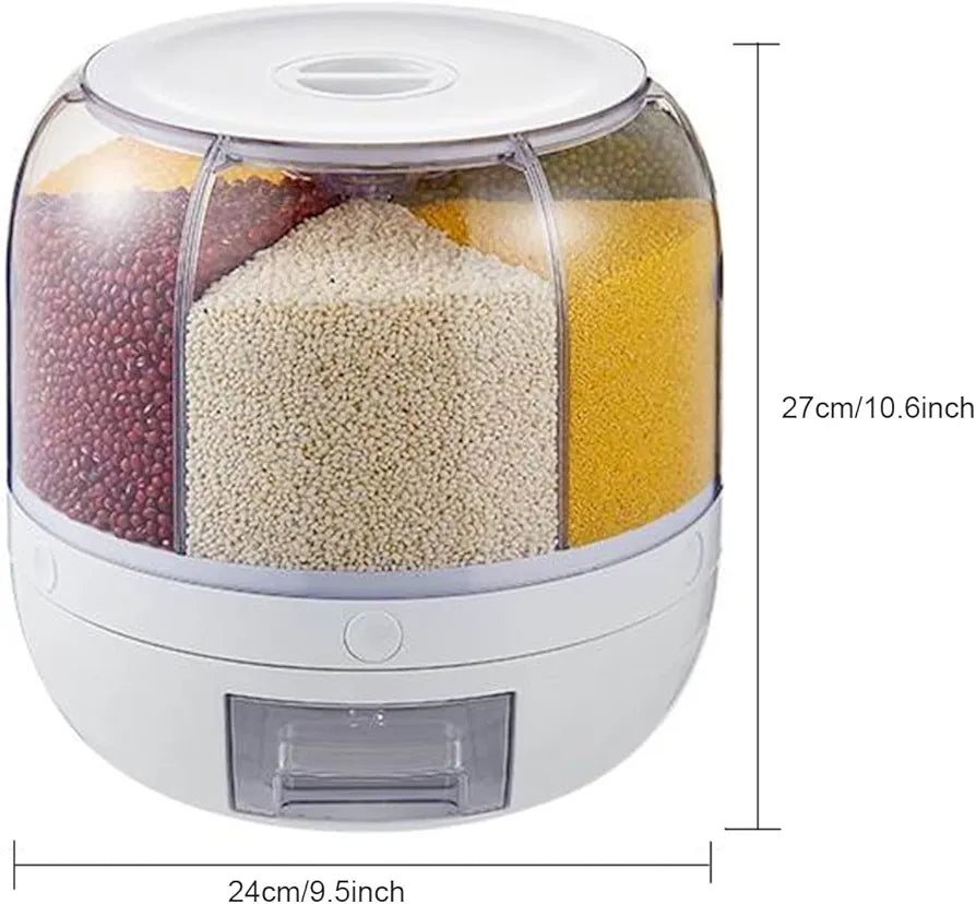 6-in-1 Rotating Food Storage Dispenser – Keep Your Rice, Grains & Cereals Fresh, Organized & Moisture-Free (10KG Capacity)