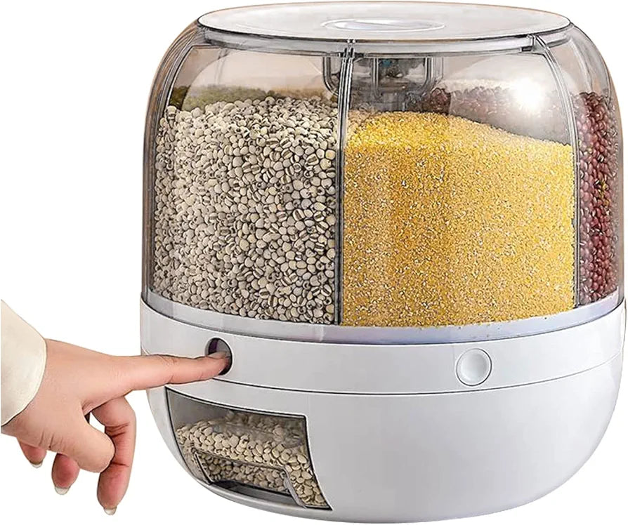 6-in-1 Rotating Food Storage Dispenser – Keep Your Rice, Grains & Cereals Fresh, Organized & Moisture-Free (10KG Capacity)