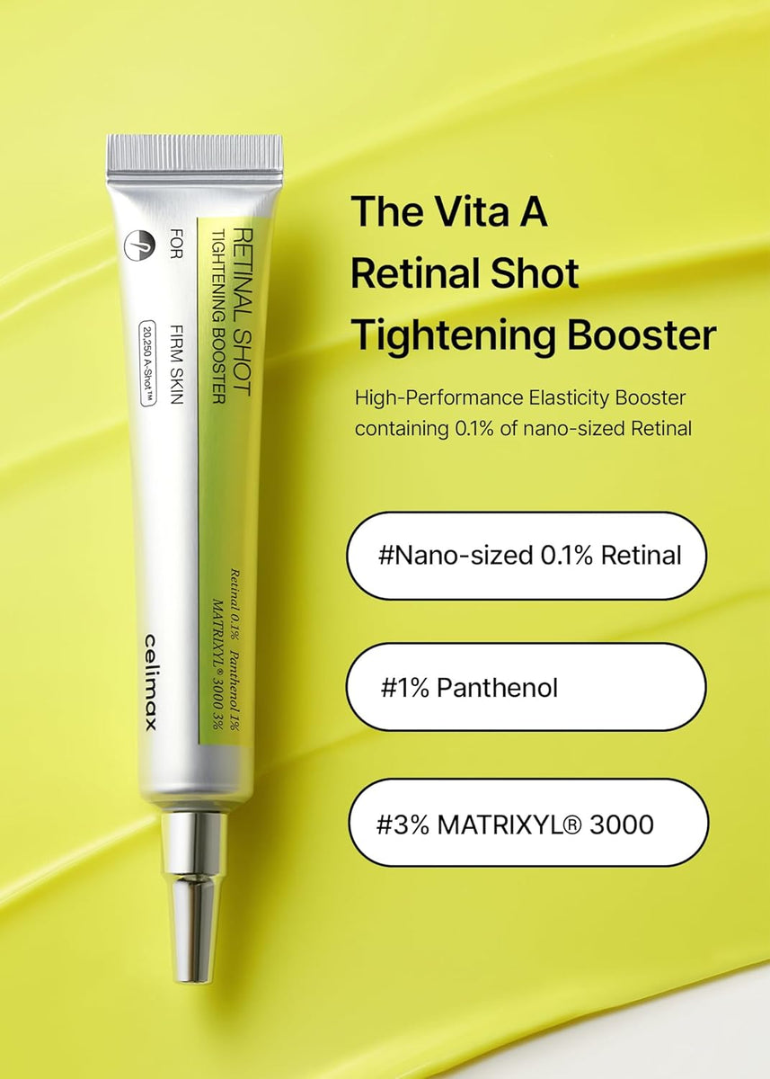celimax The Vita A Retinal Shot Tightening Booster – 0.1% Retinal + 3% Matryxyl for smoother, firmer, pore‑tightened, youthful-looking skin (15ml).
