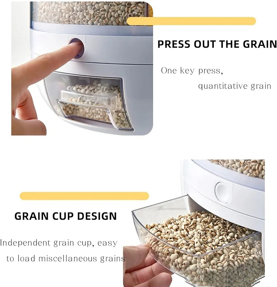 6-in-1 Rotating Food Storage Dispenser – Keep Your Rice, Grains & Cereals Fresh, Organized & Moisture-Free (10KG Capacity)