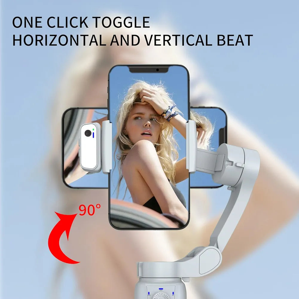 A white handheld gimbal-style phone accessory shown with multiple smartphone mockups, overlaid text reading 'ONE CLICK TOGGLE HORIZONTAL AND VERTICAL BEAT,' and a red '90°' arrow indicating angle adjustment. The background is a soft blurred outdoor scene with a person partially visible.