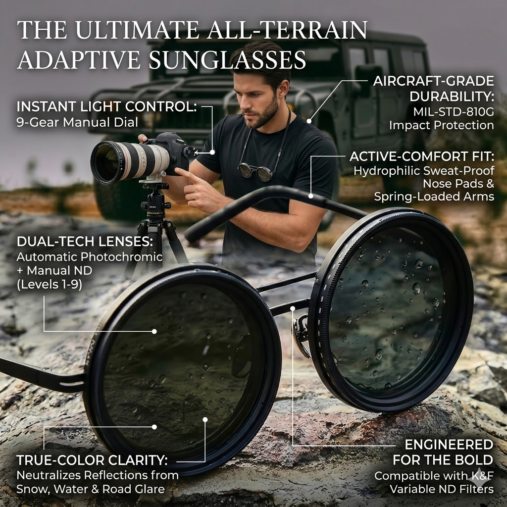Adjustable ND Filter Sunglasses | Stepless 1-9 Level Tint Control | Polarized Adaptive Eyewear for Outdoor & Sports