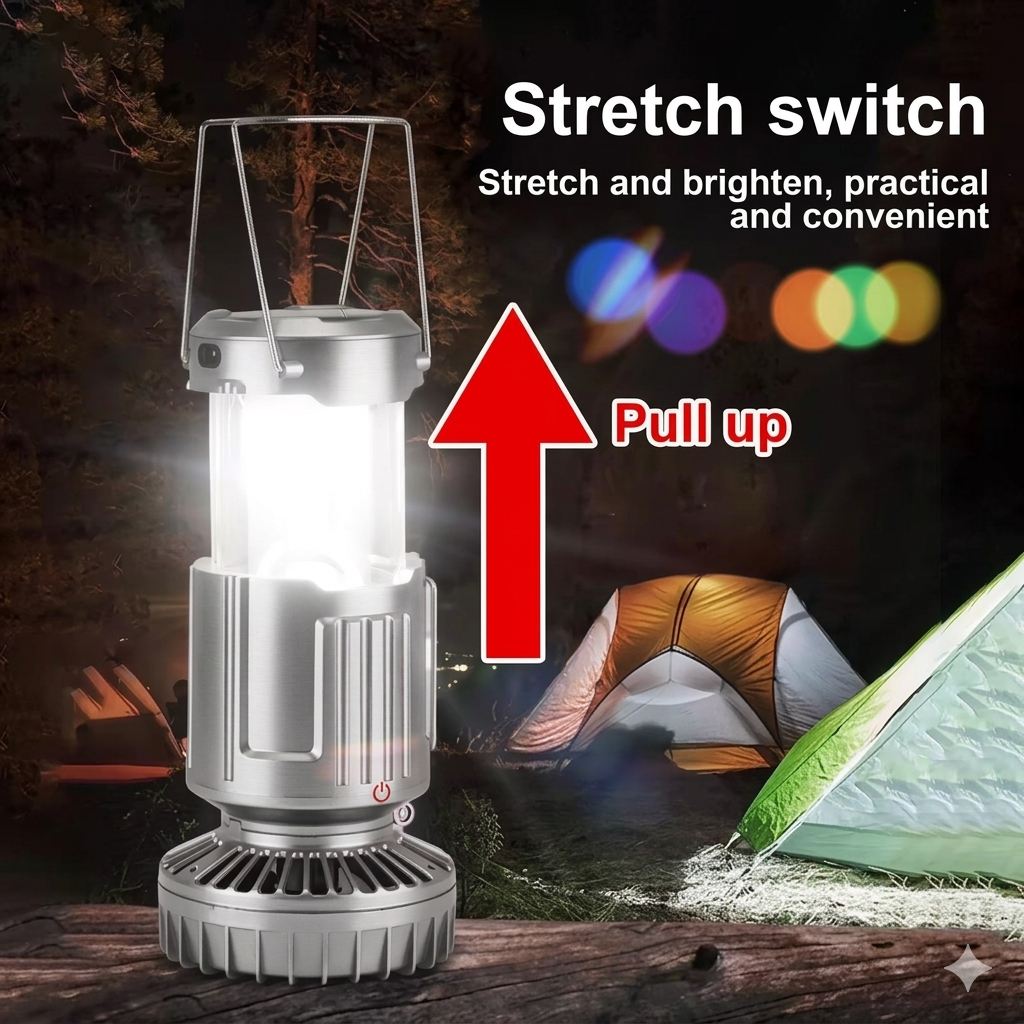 Solar Lantern Light and Fan - 6 in 1 Portable Folding Rechargeable Camping Lamp with Fan, Charging Station and Battery Backup - Regular Size (Grey)