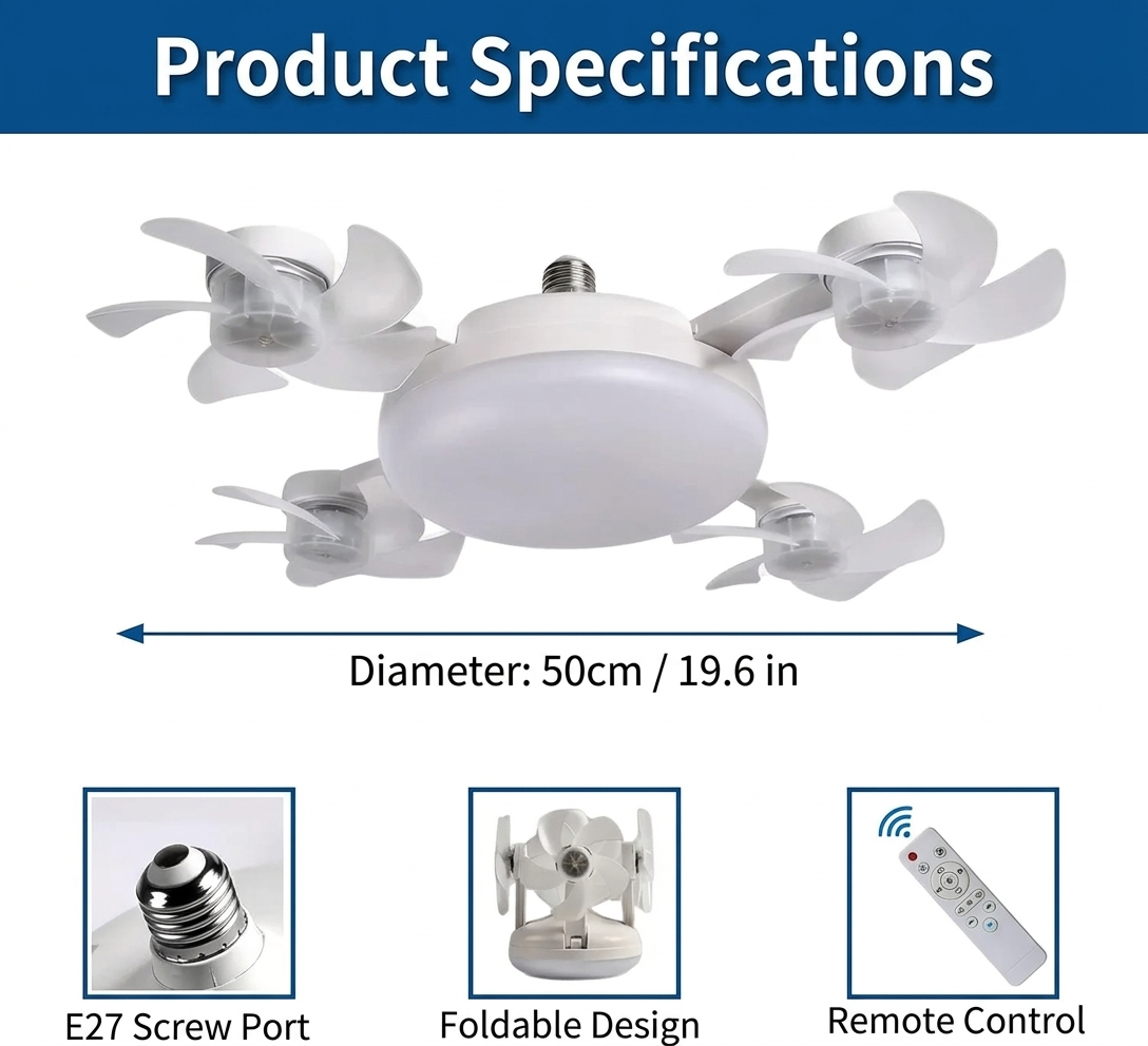 2-in-1 Drone Ceiling Fan Light E27 Remote Control Silent Dimmable LED Fan for Bedroom Living Room