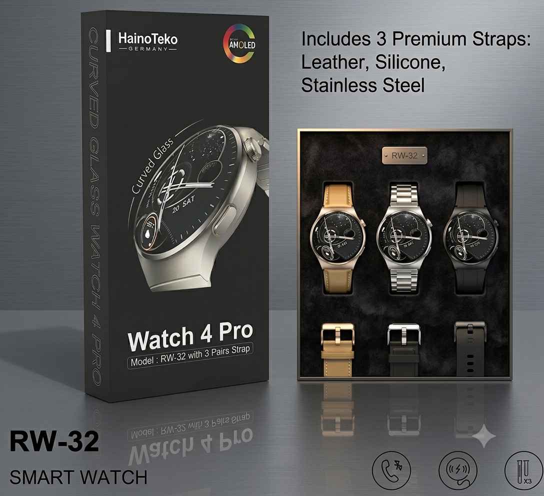 HainoTeko RW-32 Watch 4 Pro Smart Watch | Curved AMOLED | 3 Premium Straps
