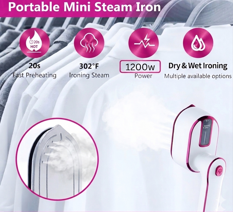 Travel Steamer Iron for Clothes,1200w Iron Steamer,Portable Handheld Travel Size Steamer iron,8S Fast Heat-Up，Large Ceramic Heat Panel