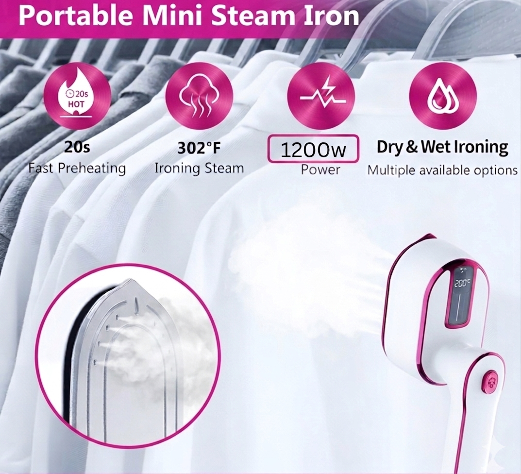 Travel Steamer Iron for Clothes,1200w Iron Steamer,Portable Handheld Travel Size Steamer iron,8S Fast Heat-Up，Large Ceramic Heat Panel