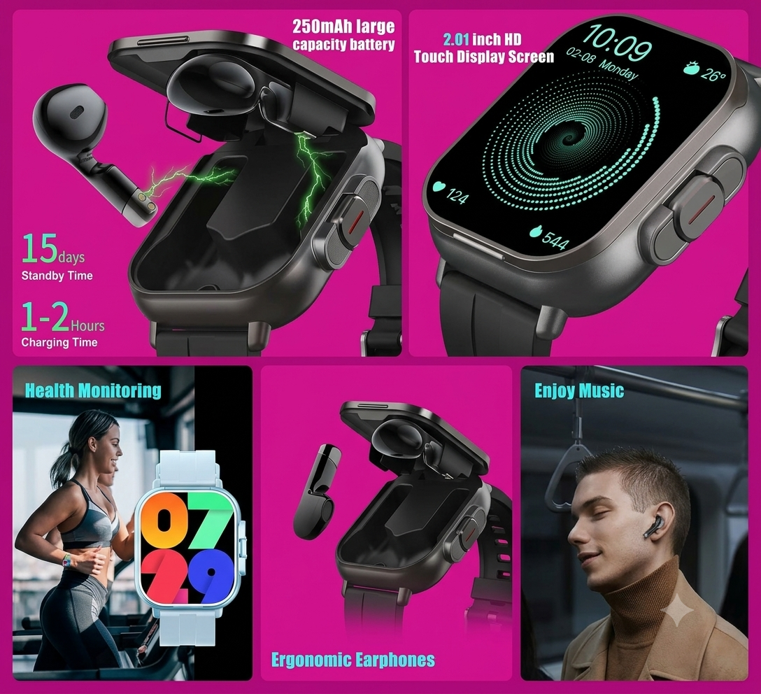 D8 2-in-1 Smart Watch | Bluetooth Calling & Wireless Earbud | Health Monitor for Men & Women