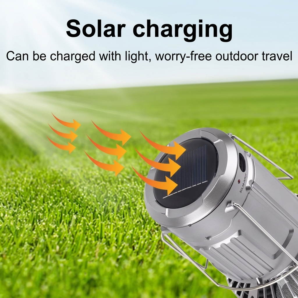 Solar Lantern Light and Fan - 6 in 1 Portable Folding Rechargeable Camping Lamp with Fan, Charging Station and Battery Backup - Regular Size (Grey)