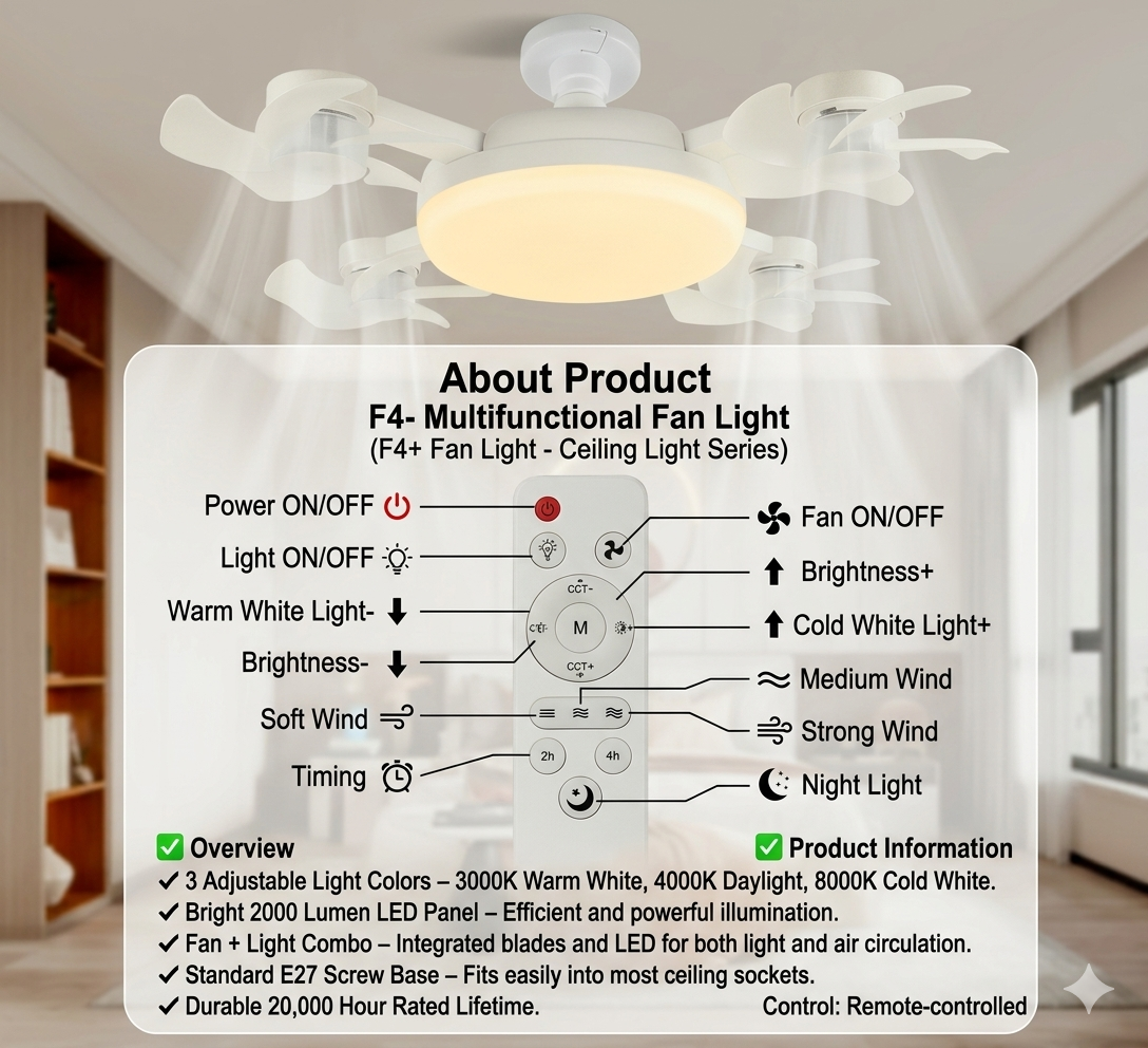 2-in-1 Drone Ceiling Fan Light E27 Remote Control Silent Dimmable LED Fan for Bedroom Living Room