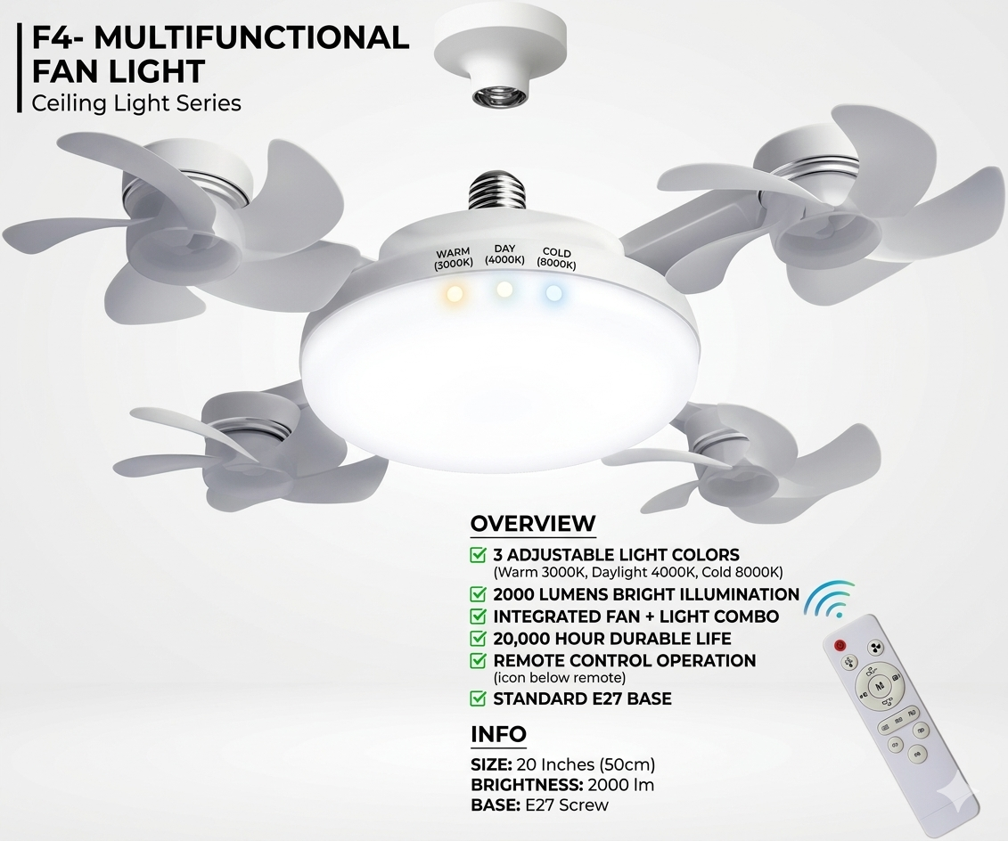 2-in-1 Drone Ceiling Fan Light E27 Remote Control Silent Dimmable LED Fan for Bedroom Living Room