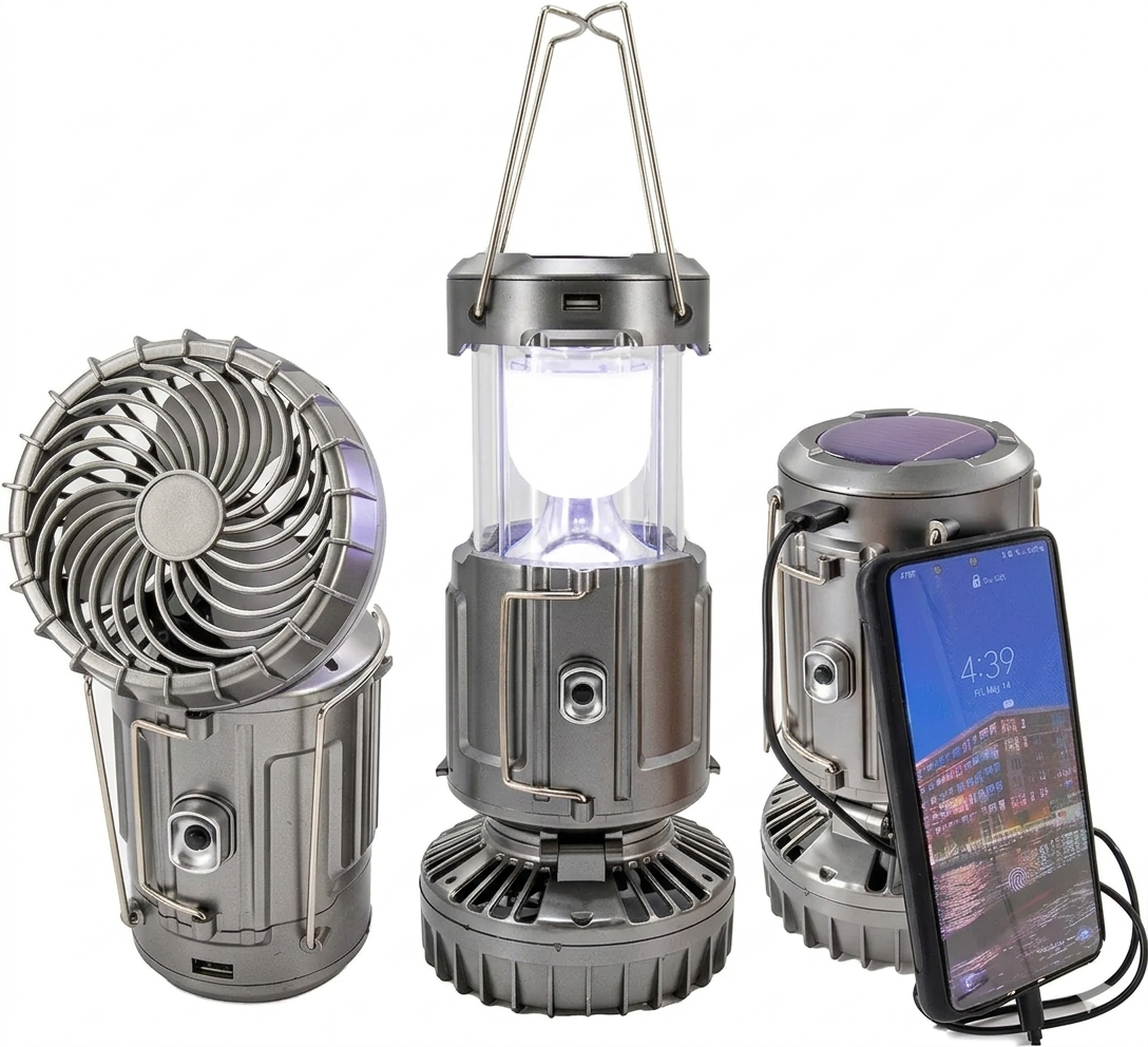 Solar Lantern Light and Fan - 6 in 1 Portable Folding Rechargeable Camping Lamp with Fan, Charging Station and Battery Backup - Regular Size (Grey)