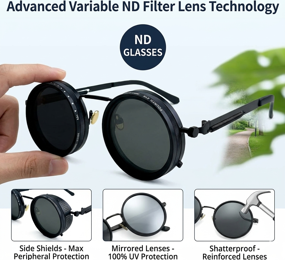 Adjustable ND Filter Sunglasses | Stepless 1-9 Level Tint Control | Polarized Adaptive Eyewear for Outdoor & Sports