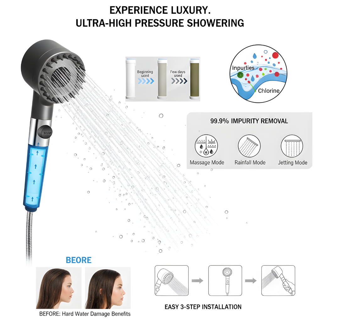 Filtered High-Pressure Shower: For Glowing Skin & Hair