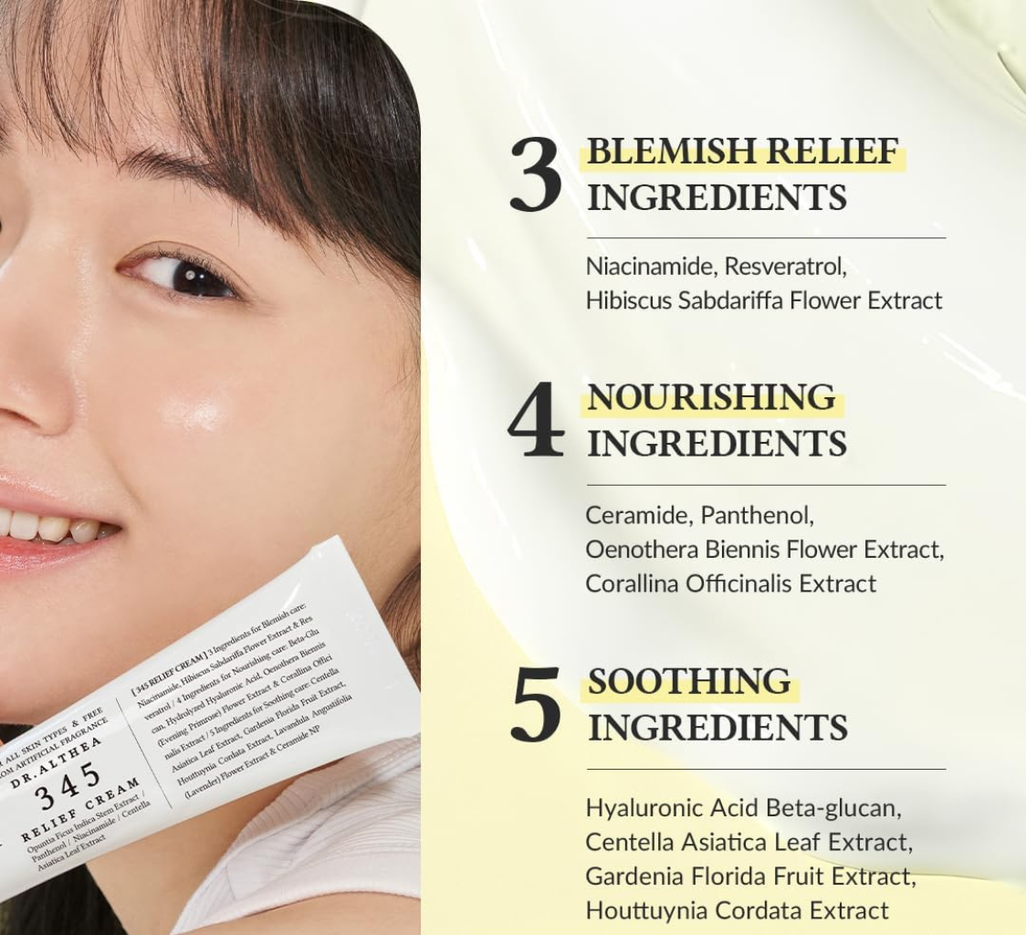 DR. ALTHEA 345 Relief Cream – Daily Face Moisturizer | Blemish Relief Care | Soothing Recovery & Moisture | Korean Vegan Skin Care for All Skin Types | 50ml