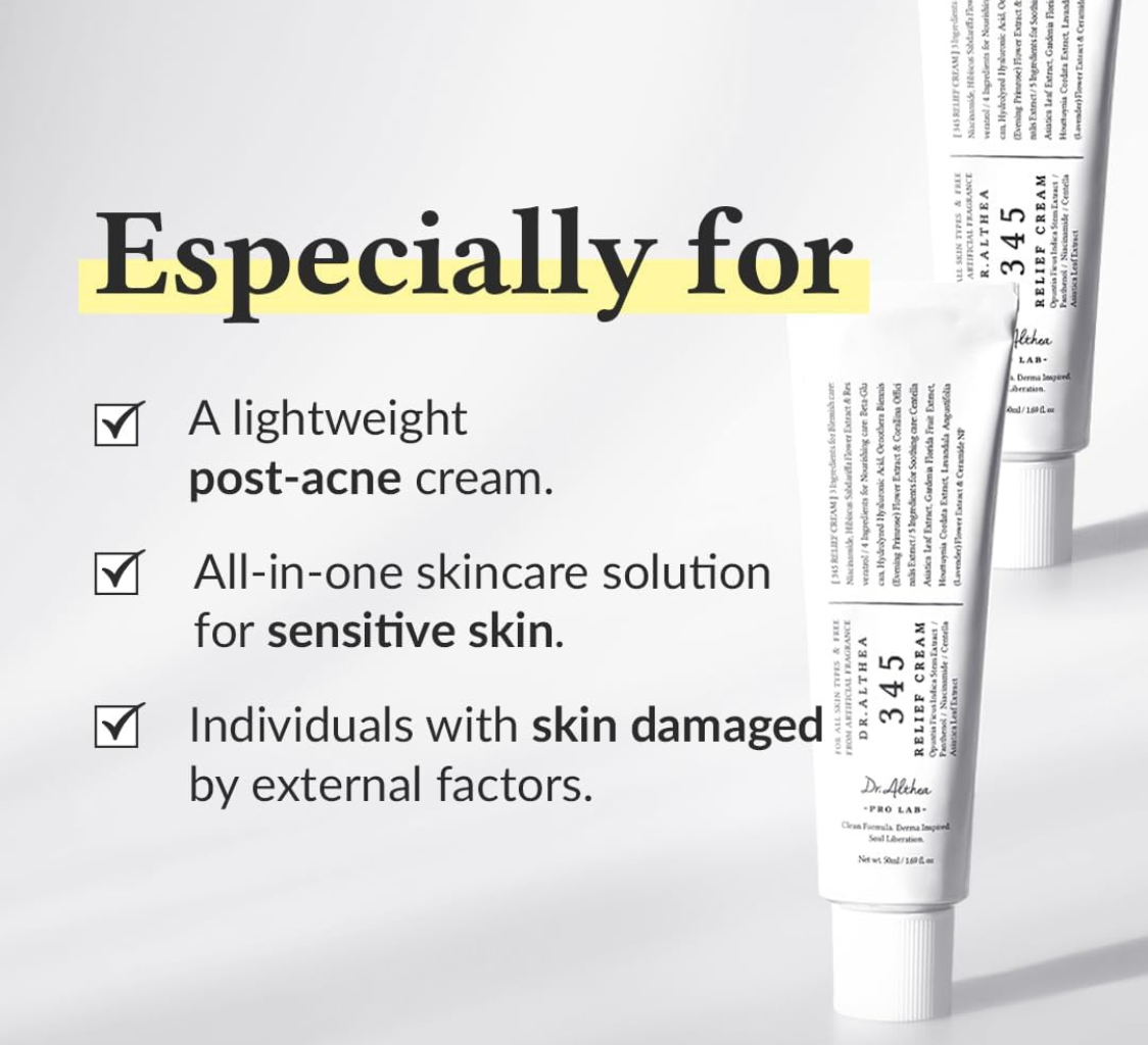 DR. ALTHEA 345 Relief Cream – Daily Face Moisturizer | Blemish Relief Care | Soothing Recovery & Moisture | Korean Vegan Skin Care for All Skin Types | 50ml