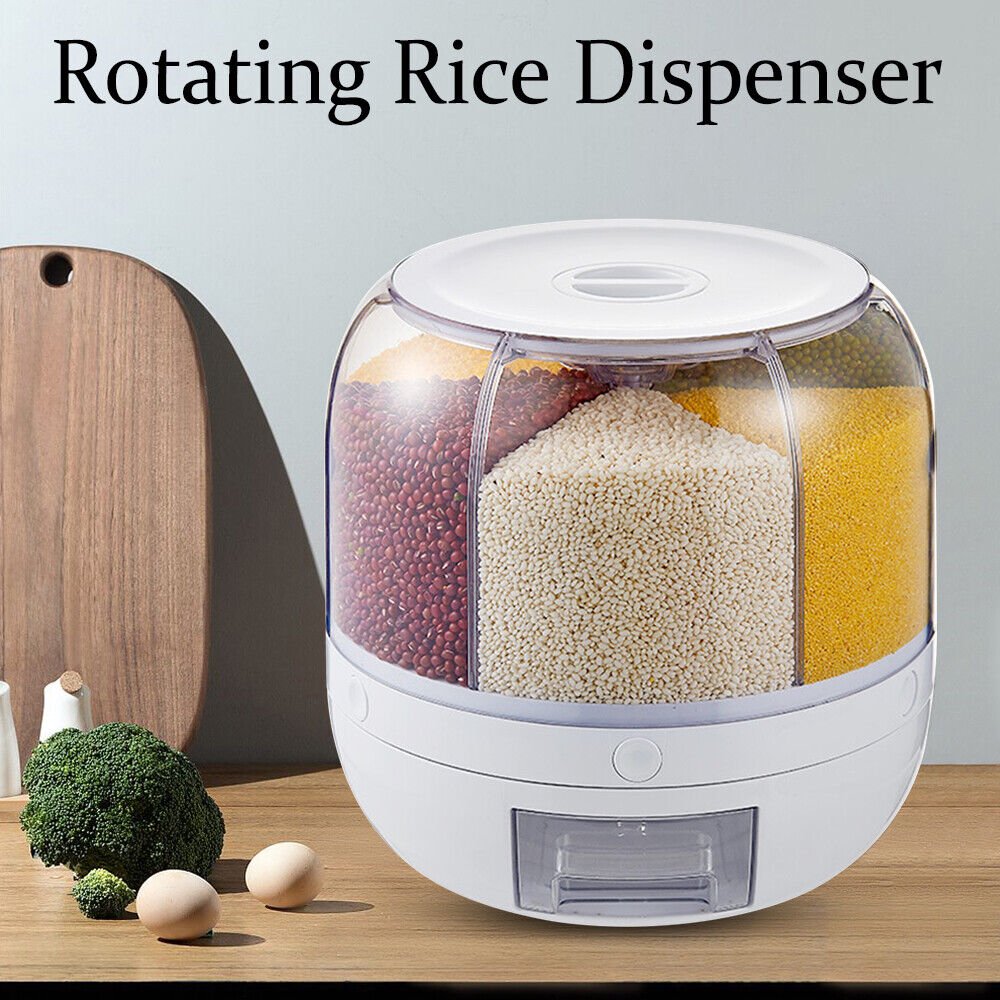 6-in-1 Rotating Food Storage Dispenser – Keep Your Rice, Grains & Cereals Fresh, Organized & Moisture-Free (10KG Capacity)