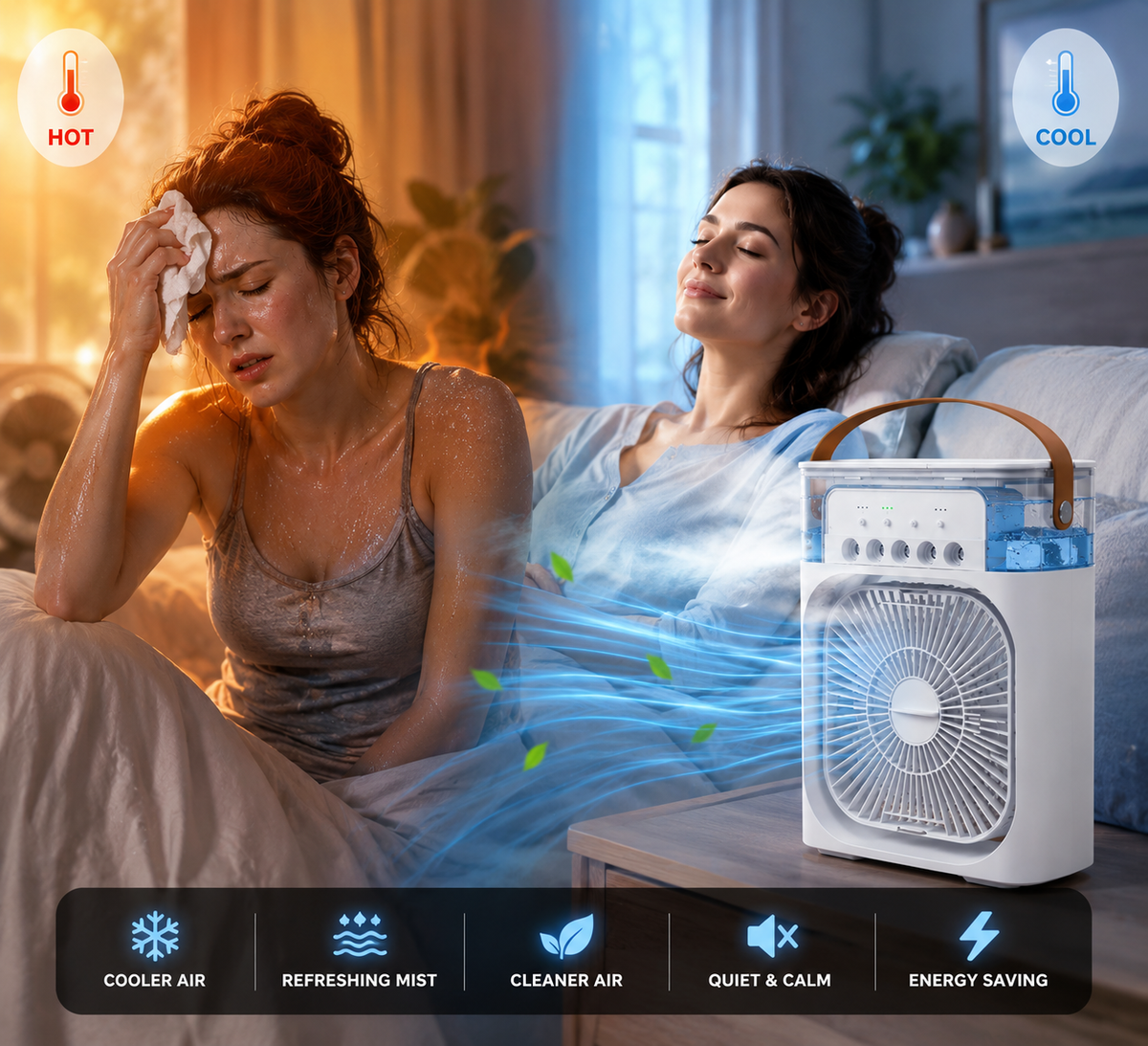 3-in-1 Mini Air Conditioner Fan – Cooling, Humidifier & LED Night Light