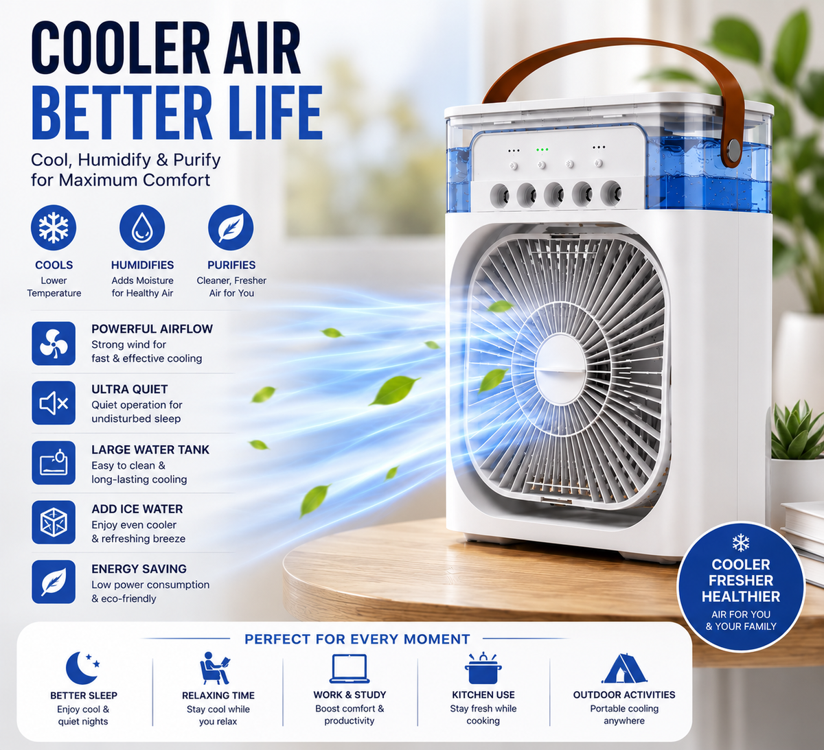 3-in-1 Mini Air Conditioner Fan – Cooling, Humidifier & LED Night Light