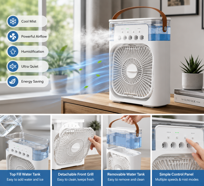 3-in-1 Mini Air Conditioner Fan – Cooling, Humidifier & LED Night Light