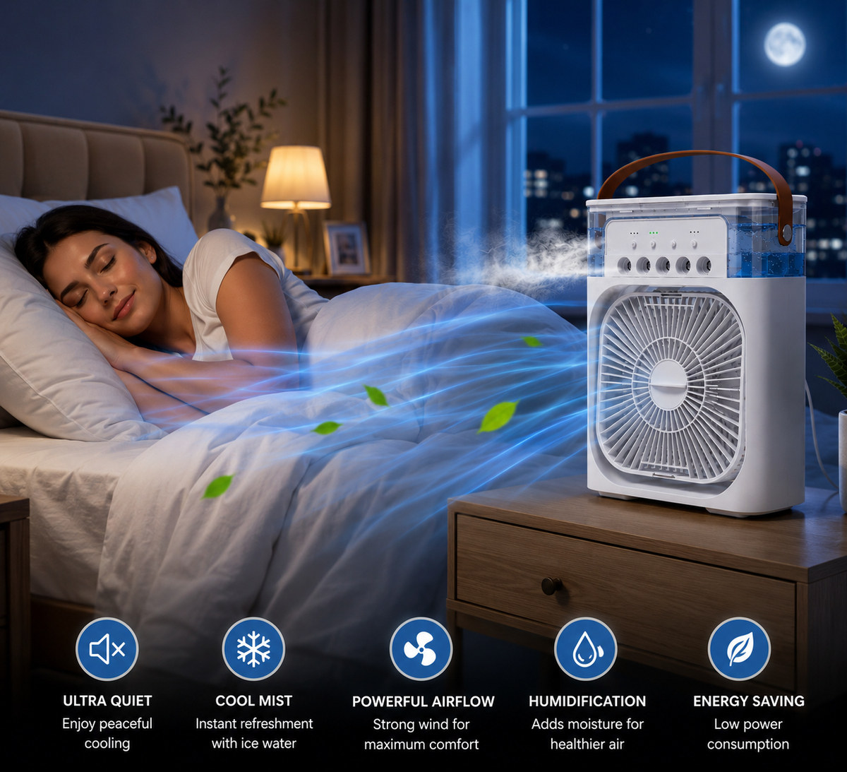 3-in-1 Mini Air Conditioner Fan – Cooling, Humidifier & LED Night Light