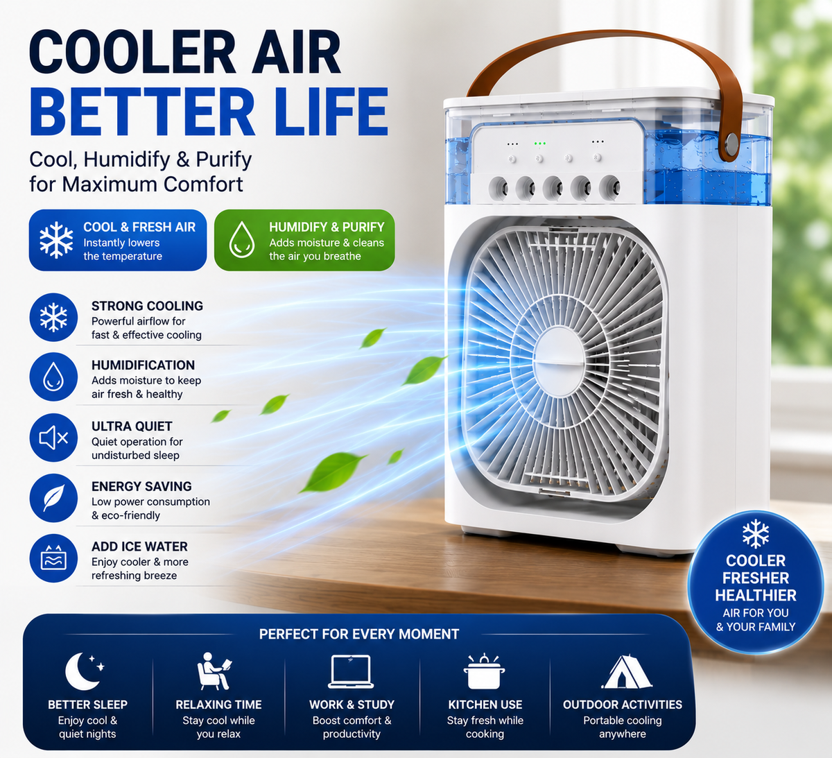 3-in-1 Mini Air Conditioner Fan – Cooling, Humidifier & LED Night Light