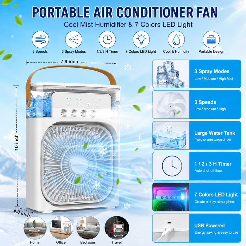 3-in-1 Mini Air Conditioner Fan – Cooling, Humidifier & LED Night Light